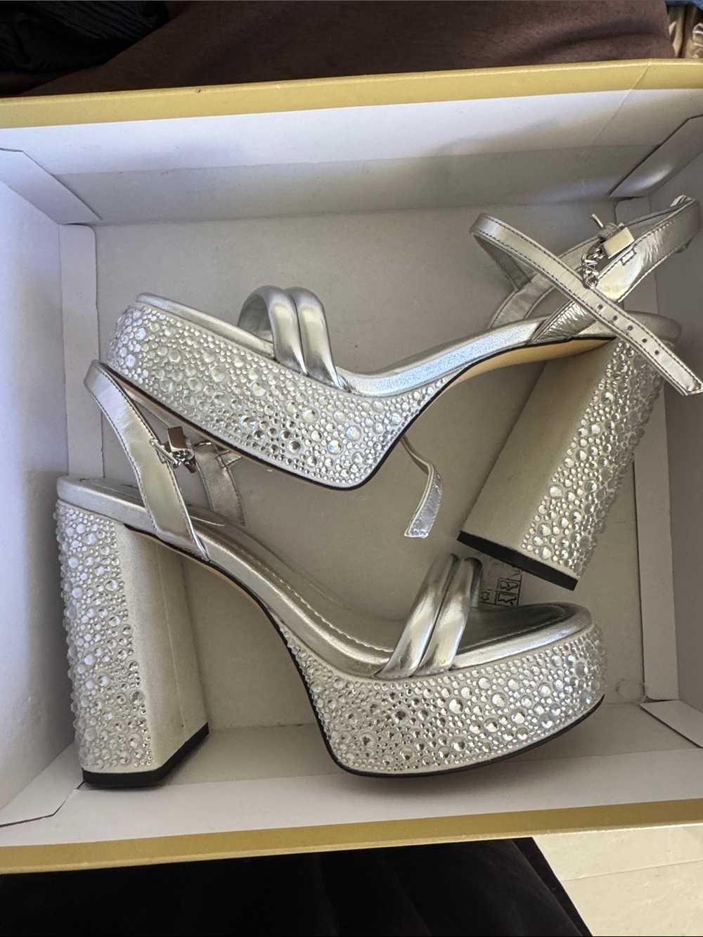 Michael Kors Silver Crystal Platform Block Heel Sandals with Box